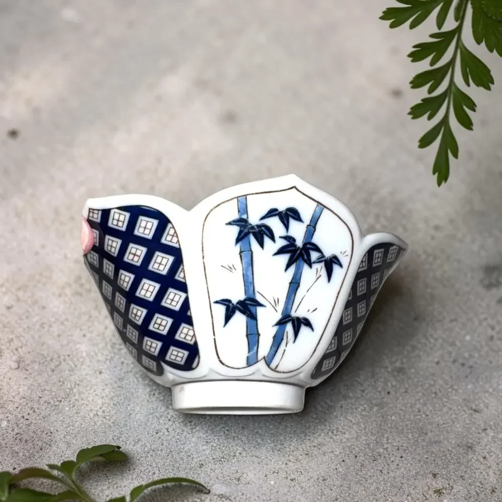 Set of 5 Blue White Porcelain Rice Bowls Floral Bamboo Geometric Scalloped Edge